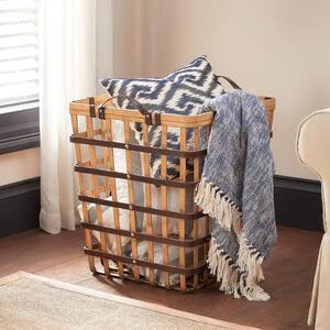 Square Natural Bamboo and Leather Decorative Basket with Leather Handles