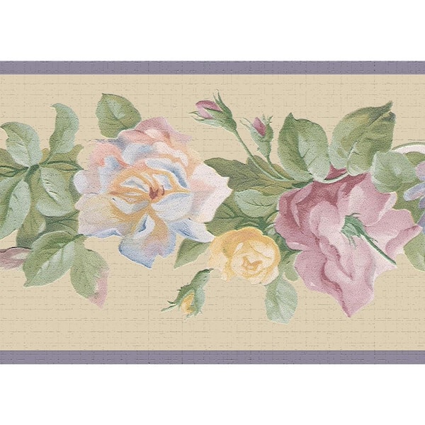 Falkirk Dandy II Purple Green Yellow Flowers on Vines Floral Peel and Stick Wallpaper Border