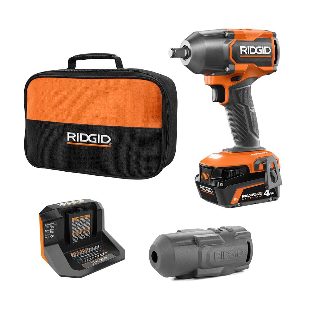 RIDGID 18V Brushless Cordless 1/2 in. Impact Wrench Kit with (1) 4.0 Ah Battery and Charger and Protective Boot -  R86012KAC13B01