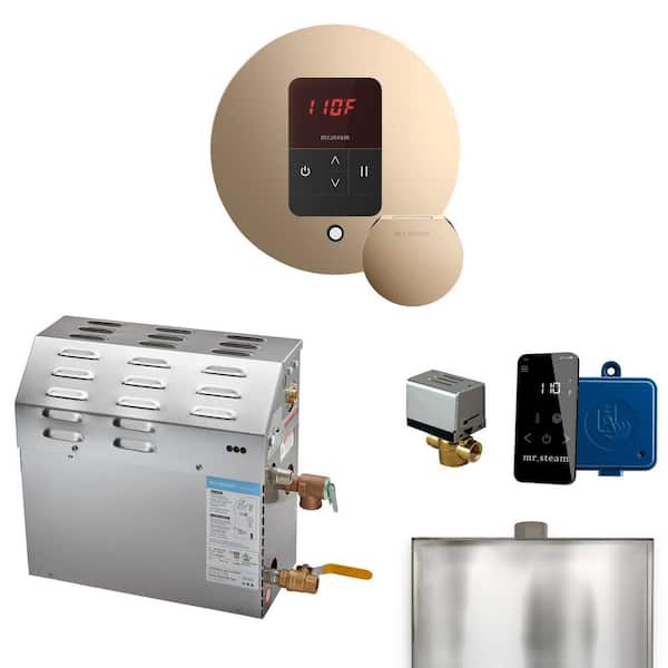 Mr. Steam MS 6 kW (6000 W) Steam Shower Generator Package with round iTempo Control in Polished Gold and Accessories