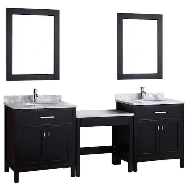 Design Element Two London 30 in. W x 22 in. D Vanity in Espresso with Marble Vanity Top in Carrara White, Mirror and Makeup Table