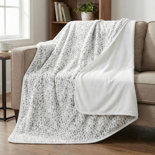 White and Gray Snow Leopard Print 80 x 60 Waterproof Blanket Queen-Size-Throw Blanket