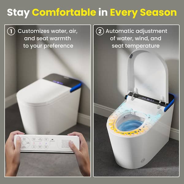 Elongated ADA Height Electric Bidet Toilet 1. 06 GPF in White with Auto Temp Adjust, Auto Lid/Flush for Family, Seniors