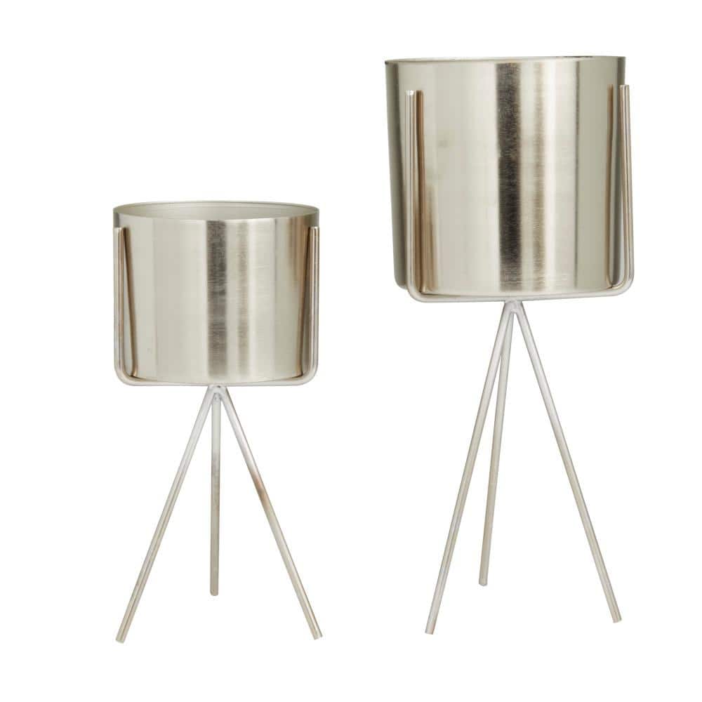 Silver Contemporary Round Metal Planter with Stand, 12" Height