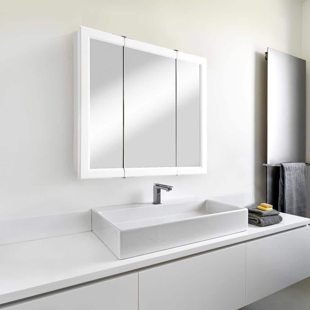 White Tri-View Surface-Mount Bathroom Medicine Cabinet with Solid Wood Frame
