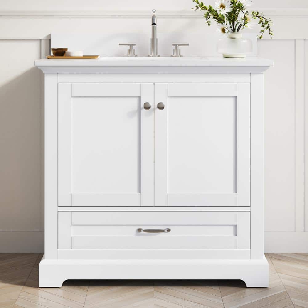 36 in. Single Sink Freestanding White Solid Wood Bath Vanity with White Cultured Marble Top, Soft Close, Fully Assembled price history on PriceWatchPro