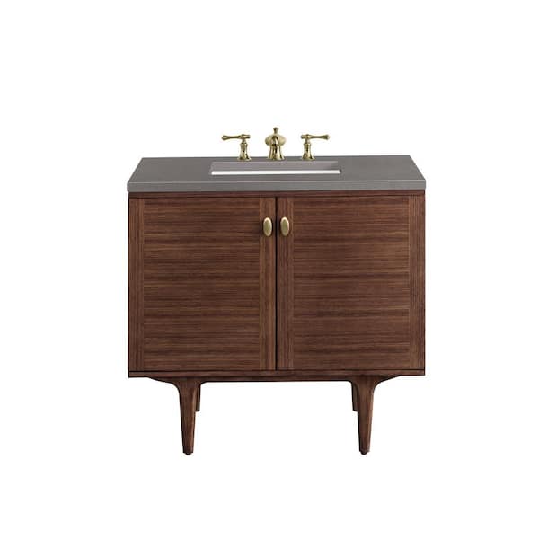 James Martin Vanities Amberly 36.0 in. W x 23.5 in. D x 34.7 in. H Bathroom Vanity in Mid-Century Walnut with Grey Expo Quartz Top
