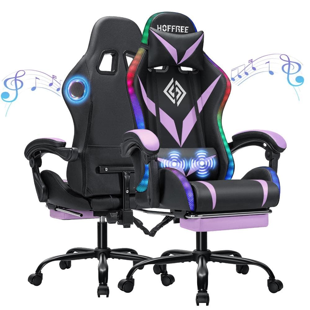 Faux Leather Massage LED Gaming Chair with Bluetooth Speaker in Black and Purple with Footrest Headrest Lumbar Support