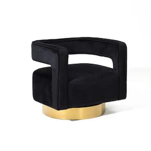 Upholstered Black Velvet Open Back Club Arm Chair with Gold Base