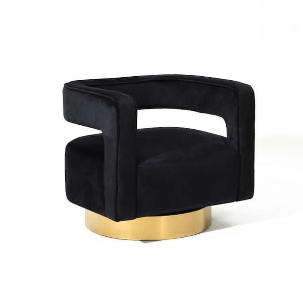 LuxenHome Upholstered Black Velvet Open Back Club Arm Chair with Gold Base