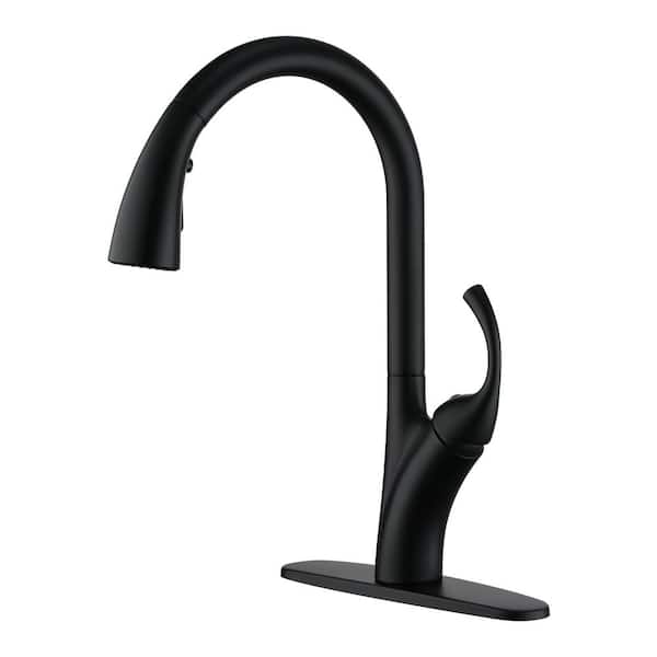 3-Spray Patterns Stainless Steel Single Handle Pull Down Sprayer Kitchen Faucet with Deck Plate in Matte Black