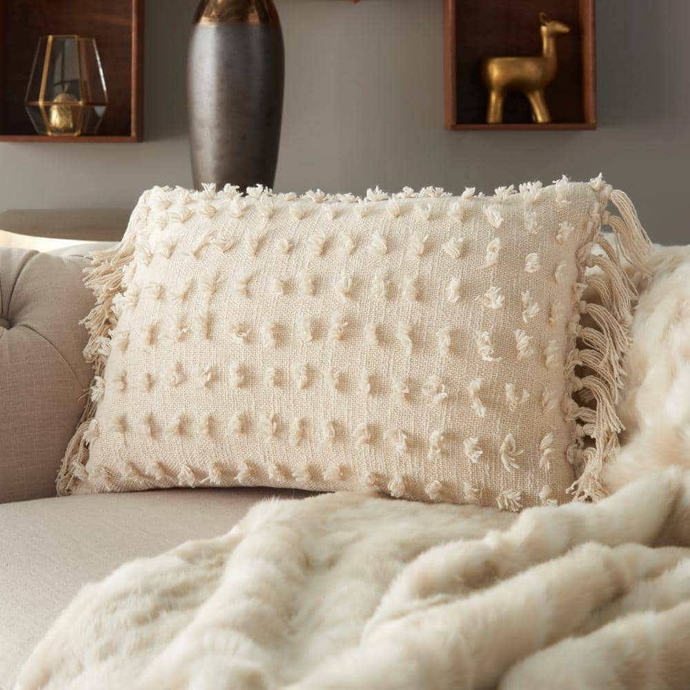 Cream Cotton Fringed 14" x 20" Throw Pillow