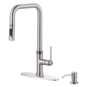 Brass Single Handle Pull Down Sprayer Kitchen Faucet with Soap Dispenser in Brushed Nickel