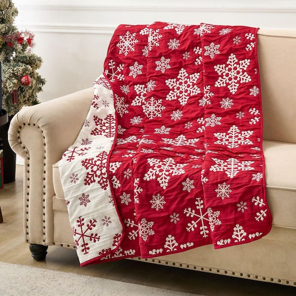 Snowflakes Holiday Red 50 in. x 60 in. Polyester Jacquard Throw Blanket