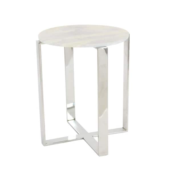 Litton Lane 18 in. White Large Round Marble End Accent Table with Marble Top