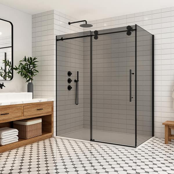 ROSWELL Echarri 68 in. W x 78 in. H Rectangle Sliding Frameless Corner Shower Dooe Enclosure in Matte Black with Tinted Glass