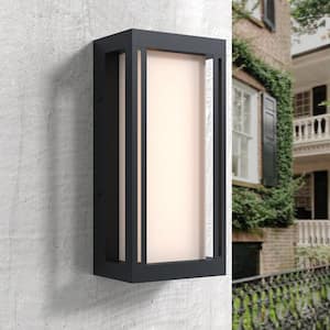 Montpelier Black Modern Dusk to Dawn Outdoor Integrated LED Hardwired Lantern Sconce with White Shade (4-Pack)