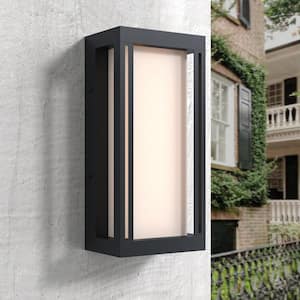 Montpelier Black Modern Dusk to Dawn Outdoor Integrated LED Hardwired Lantern Sconce with White Shade