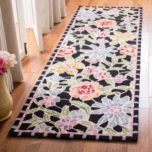 Chelsea 3 ft. x 10 ft. Black Floral Runner Rug