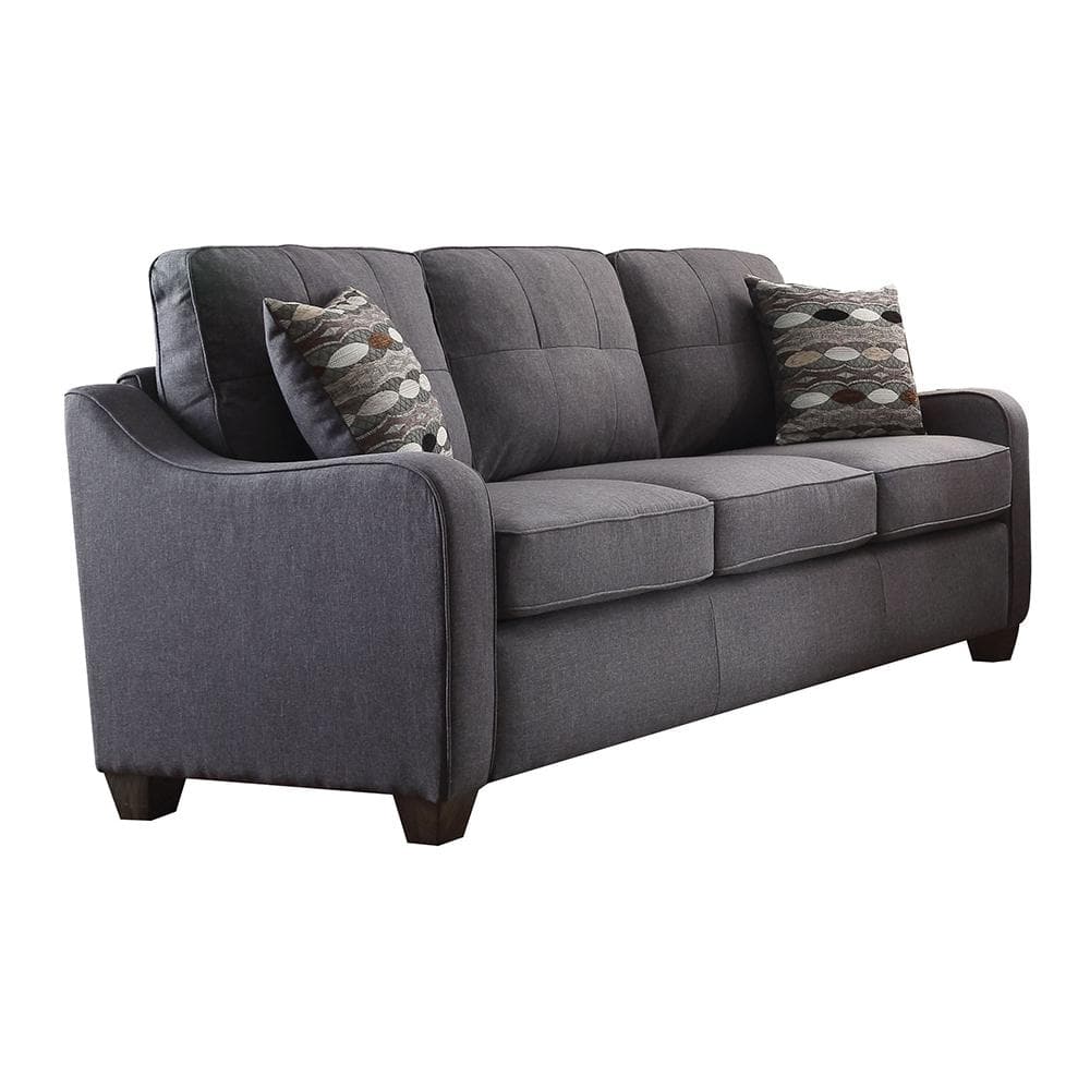 Elegant Gray Linen Tufted Sofa with Removable Cushions and Wood Accents