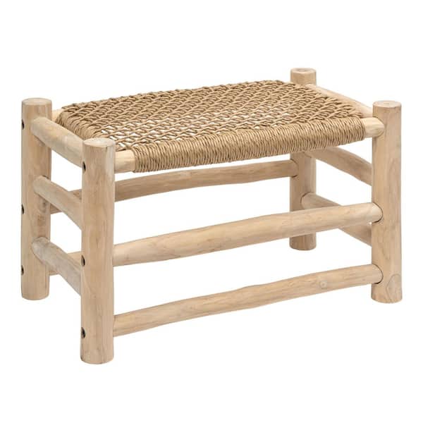 Chuck 27.5 in. Indoor/Outdoor Teak Wood Accent Stool with Woven Seat, Light Brown/Natural Bleach Wood