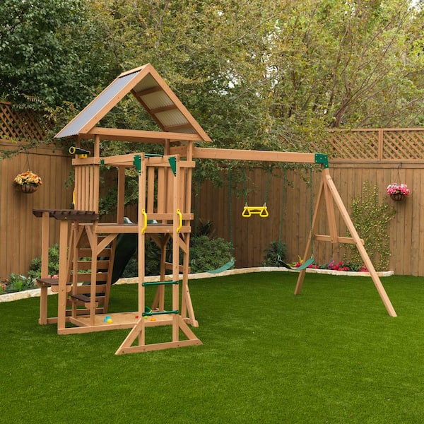 KidKraft Lawnmeadow Wooden Swing Set Playset with Slide Sandbox Telescope and Monkey Bars F29070 The Home Depot