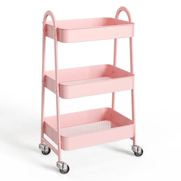 3-Tier Small Rolling Cart, Metal Utility Storage Organizer Kitchen Trolley Bathroom Laundry Room Bar Shelves in Pink