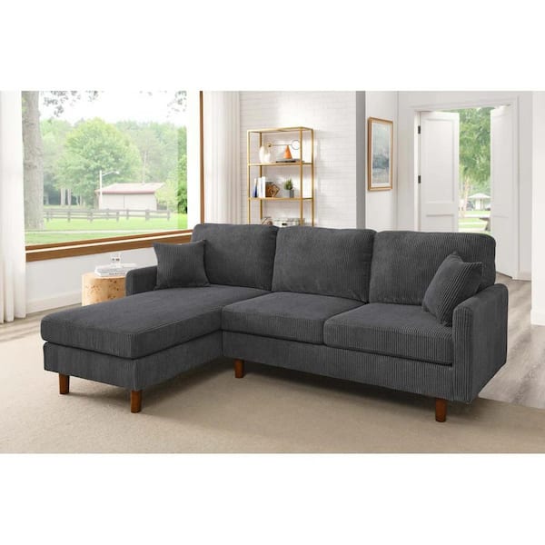 Renata 92.5 in. 2-Piece Corduroy Upholstered L-Shaped Sectional Sofa in Dark Gray with Chaise, Wooden Legs