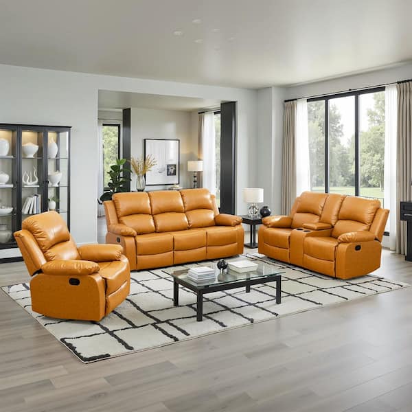 79 in. Pillow Top Arm semi-PU/PVC Fabric Rectangle Recliner Sofa Set in. Ginger Modern Design with Cup Holders Storage