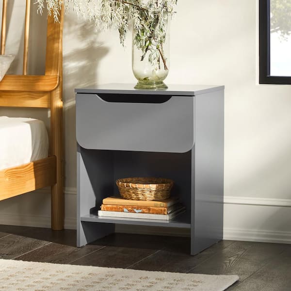 1-Drawer Dark Grey Modern Nightstand with Cubby
