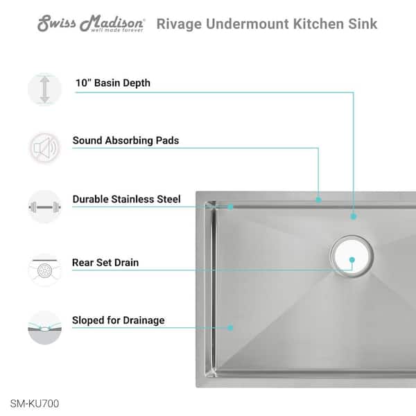 Rivage Undermount Stainless Steel 30 in. x 18 in. Single Basin Kitchen Sink