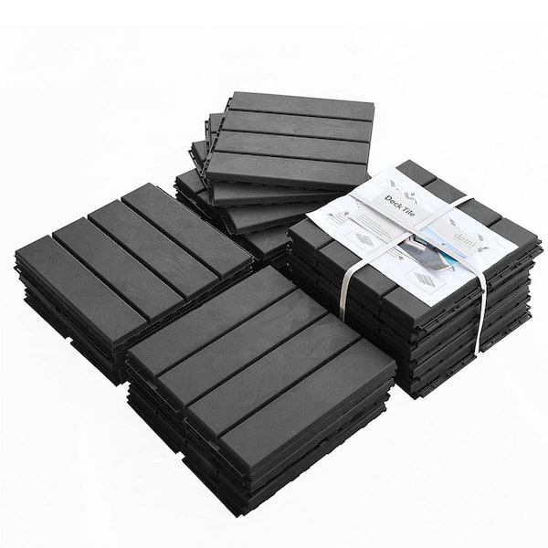 12 in. x 12 in. Dark Gray Square Four Slat Plastic Interlocking Flooring Tiles Pack of 9 Tiles