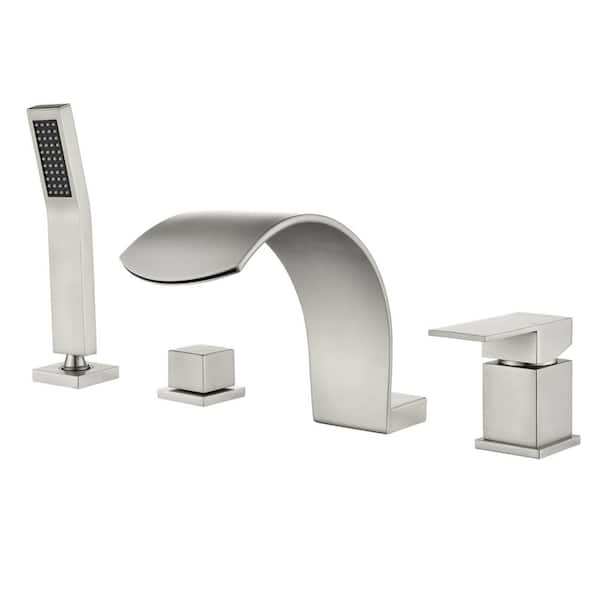 Single-Handle Waterfall Deck-Mount Roman Tub Faucet with Hand Shower Modern Brass 4-Hole Tub Fillers in. Brushed Nickel