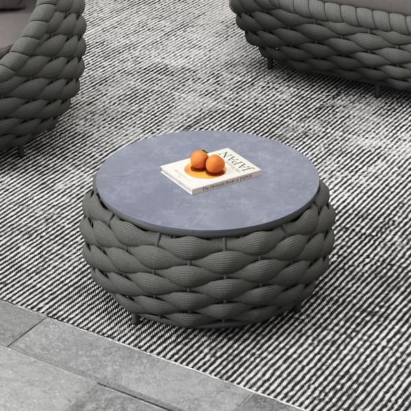 Black Round Aluminum Patio Outdoor Coffee Table with Rock Slabs