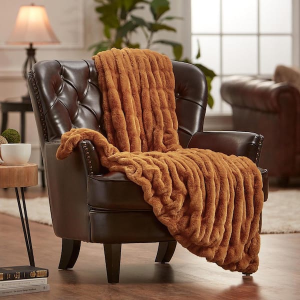 CHANASYA Ruched Cathy Spice Faux Fur Reversible Minky Throw Blanket, 50 x 65 in.