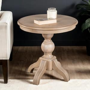 Carrin 24 in. Light Washed White Round Wood End Table with Pedestal Base