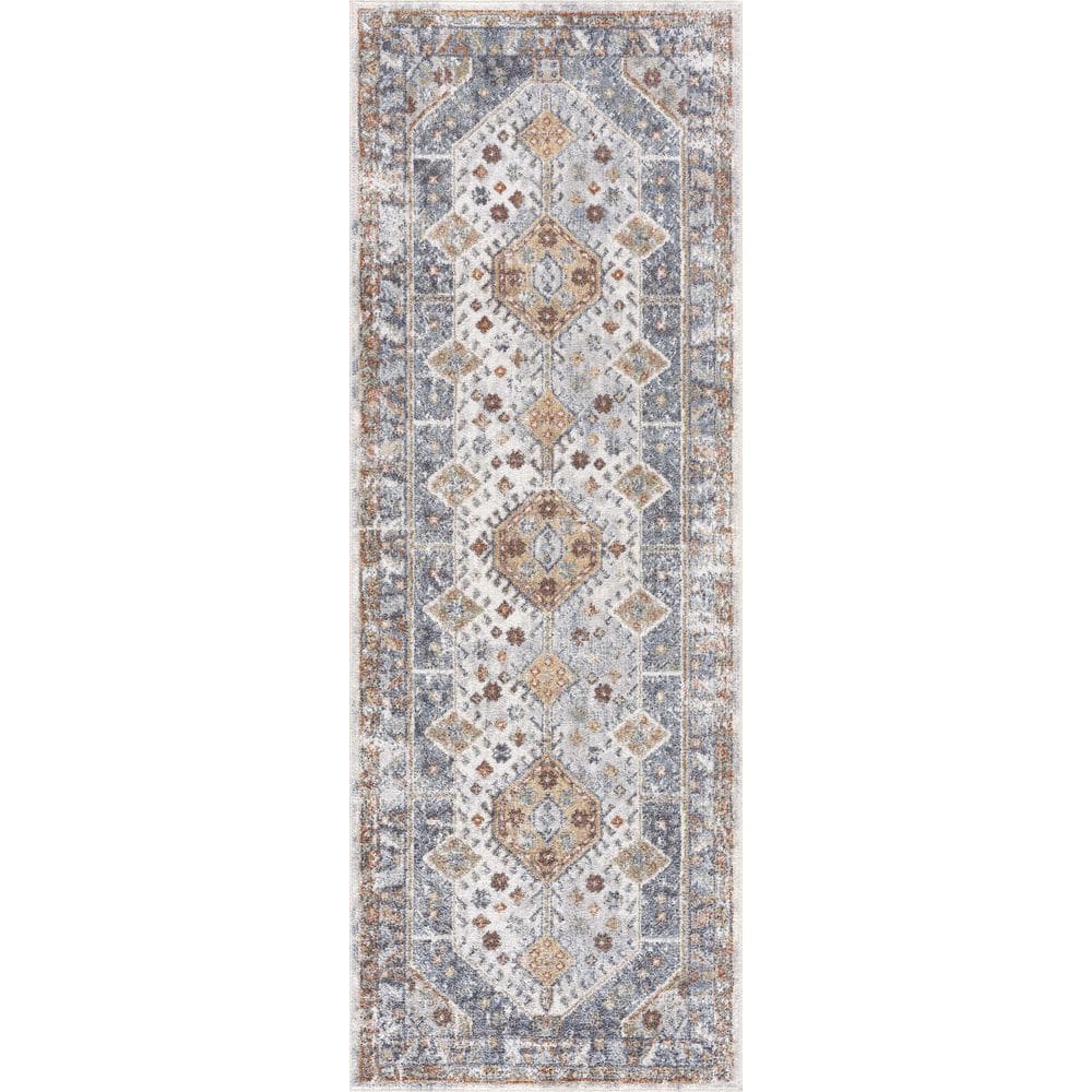 Light Blue and Beige Polyester Medallion Area Rug, 5'3" x 7'