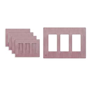 3-Gang Pink Decorator Rocker Plastic Screwless Wall Plate, Pink Brushed Rose Gold (5-Pack)