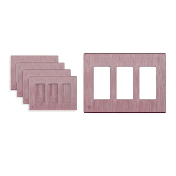 ENERLITES 3-Gang Pink Decorator Rocker Plastic Screwless Wall Plate, Pink Brushed Rose Gold (5-Pack)