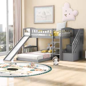 Gray Twin over Twin Wood Bunk Bed with Storage Staircases, Slide, and Ladder