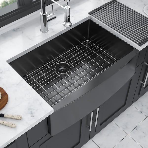 30 in. Farmhouse Single Bowl 16-Gauge Gunmetal Black Stainless Steel Kitchen Sink with Bottom Grids