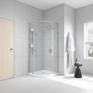 Glamour 32 in. x 73.90 in. Semi-Frameless Pivot Shower Door in Satin Nickel with 32 in. x 32 in. Base in White