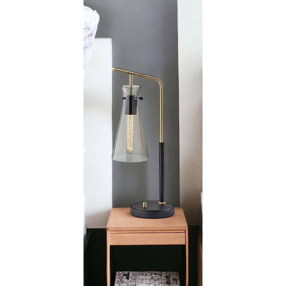 24'' Black and Gold Metal Desk Lamp with Smoked Glass Shade