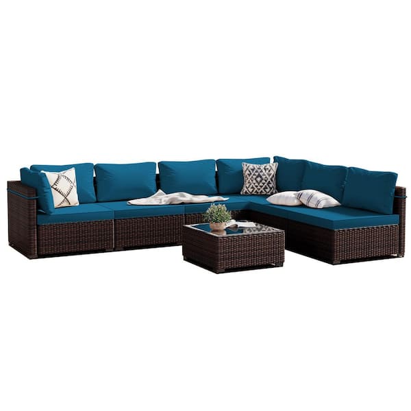 PATIO WATCHER 7-Piece Wicker Patio Conversation Sectional Seating Set with Lake Blue Cushions and Coffee Table