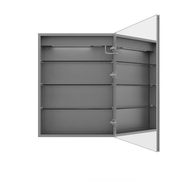 stufurhome NNS 24 in. W. x 32 in. H Rectangular Silver Aluminum Recessed/Surface Mount Right Medicine Cabinet Mirror and LED﻿﻿