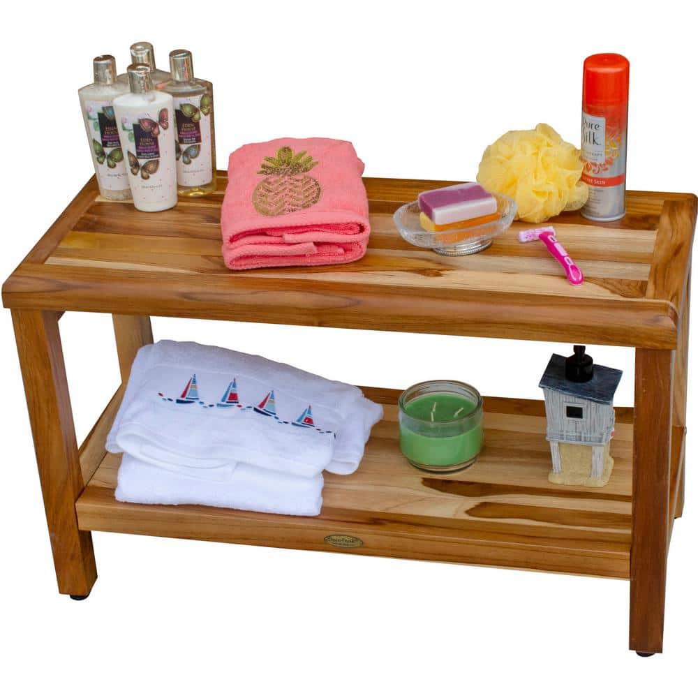 Eleganto 30" Natural Teak Shower Bench with Shelf