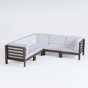 Oana Grey 5-Piece V-Shaped Wood Patio Conversation Sectional Seating Set with White Cushions