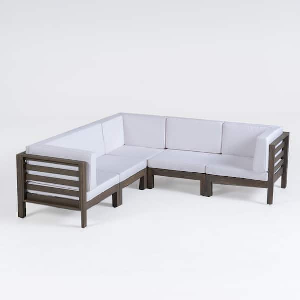 Noble House Oana Grey 5-Piece V-Shaped Wood Patio Conversation Sectional Seating Set with White Cushions