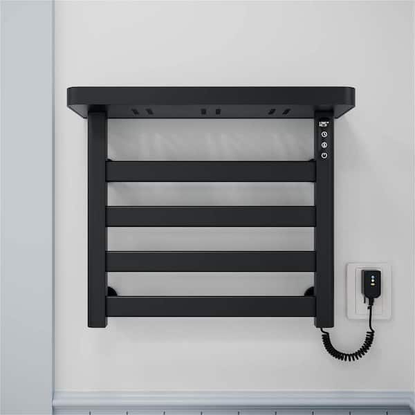 Smart Electric Towel Warmer 4-Bar 95W Wall Mounted with Shelf,Touch LED Screen,Timer and Adjustable Temperature in Black