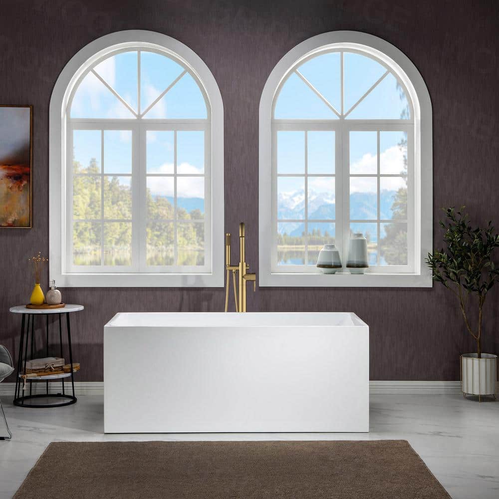 67" White Acrylic Freestanding Rectangular Bathtub with Brushed Gold Trim